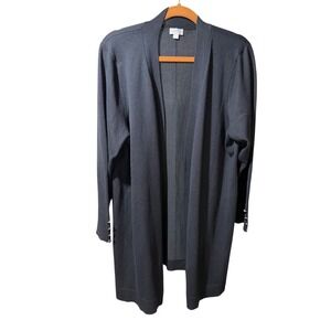 Avenue Black Long Open Front Cardigan Sweater With Button Cuff Detail Size 14 16